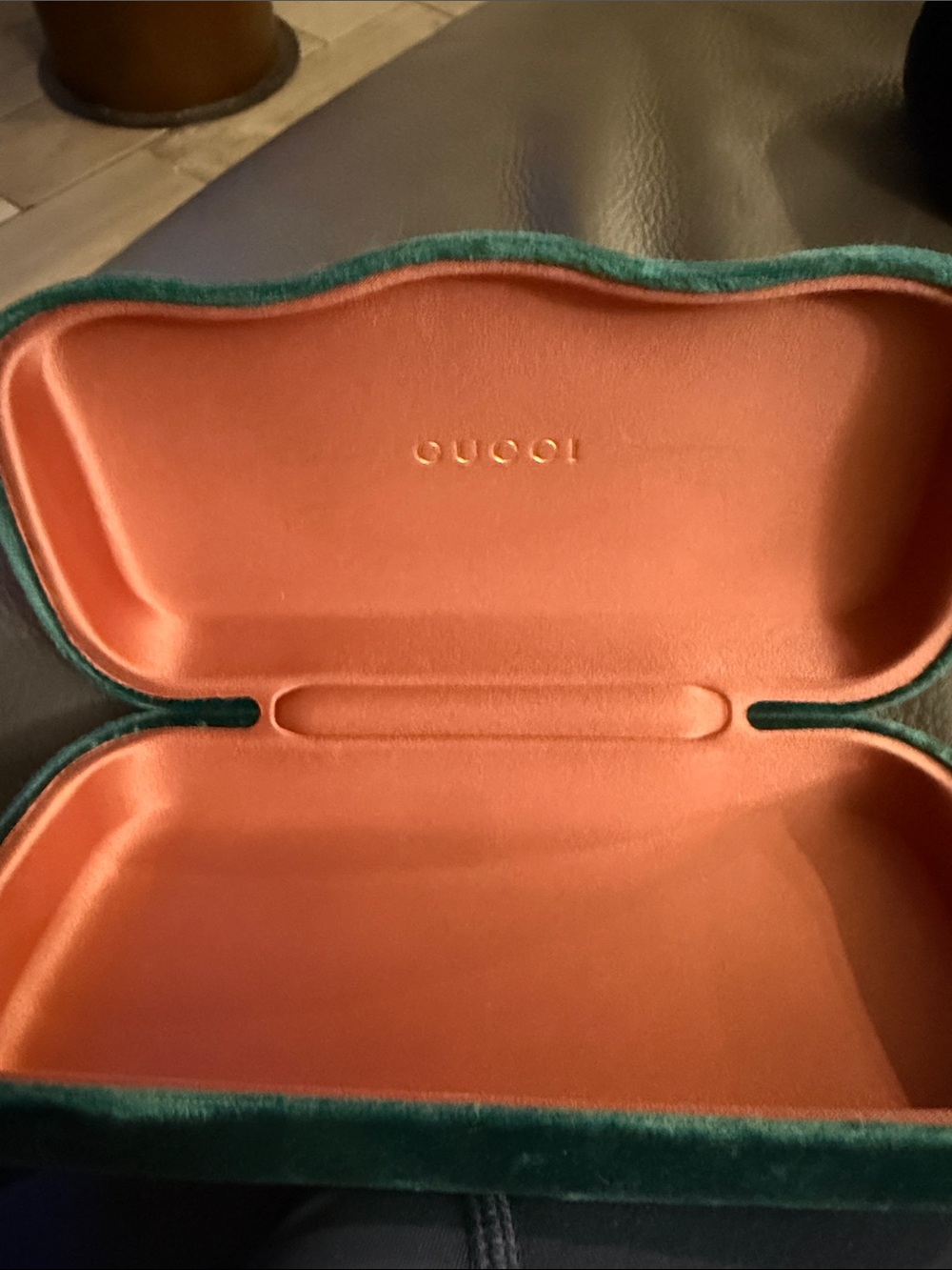 Gucci Green Velvet Sunglasses Case with Coral Interior and Gold Logo